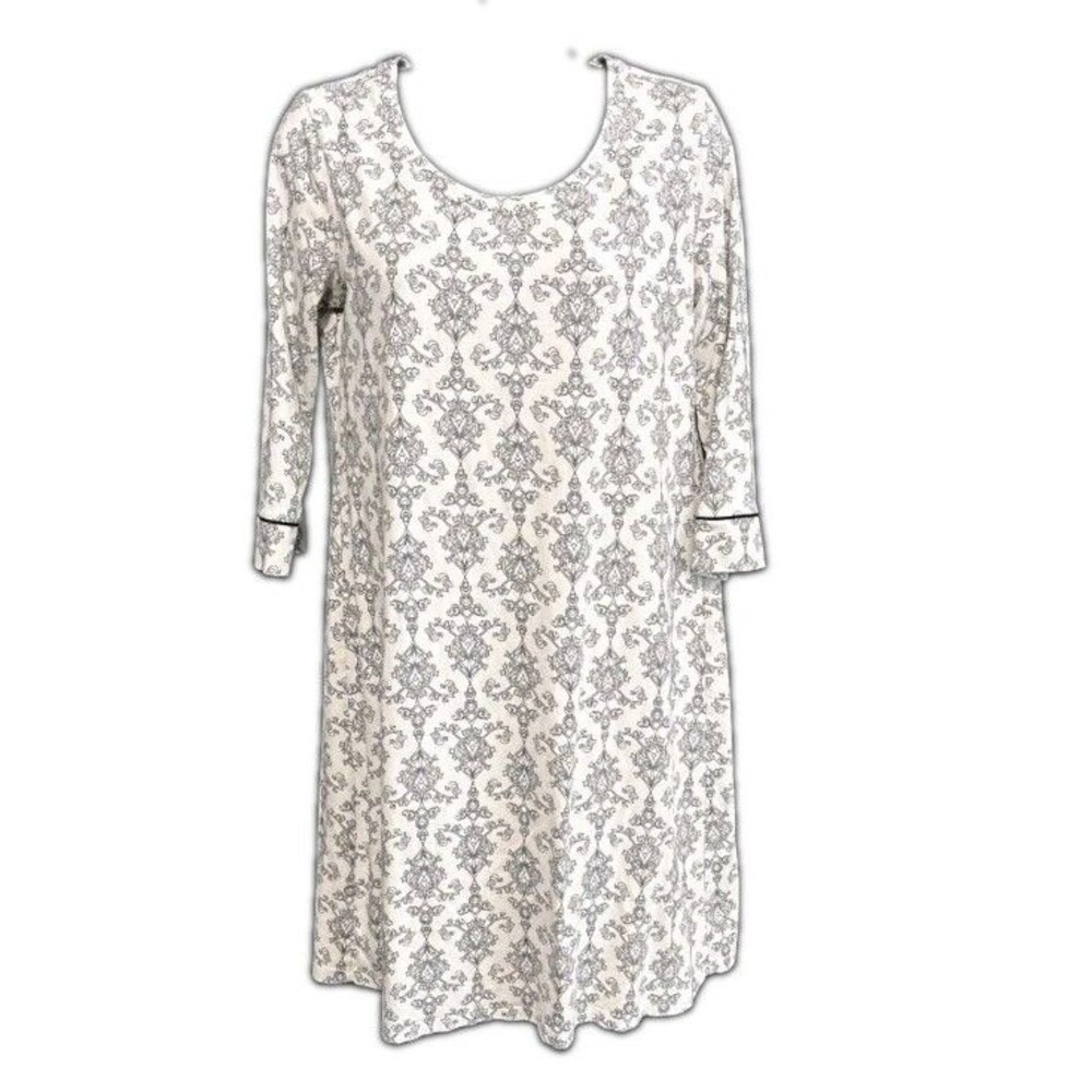 Soma Intimates Nightgown Dress Gown Large White Gray Damask Print 3/4 Sleeve
